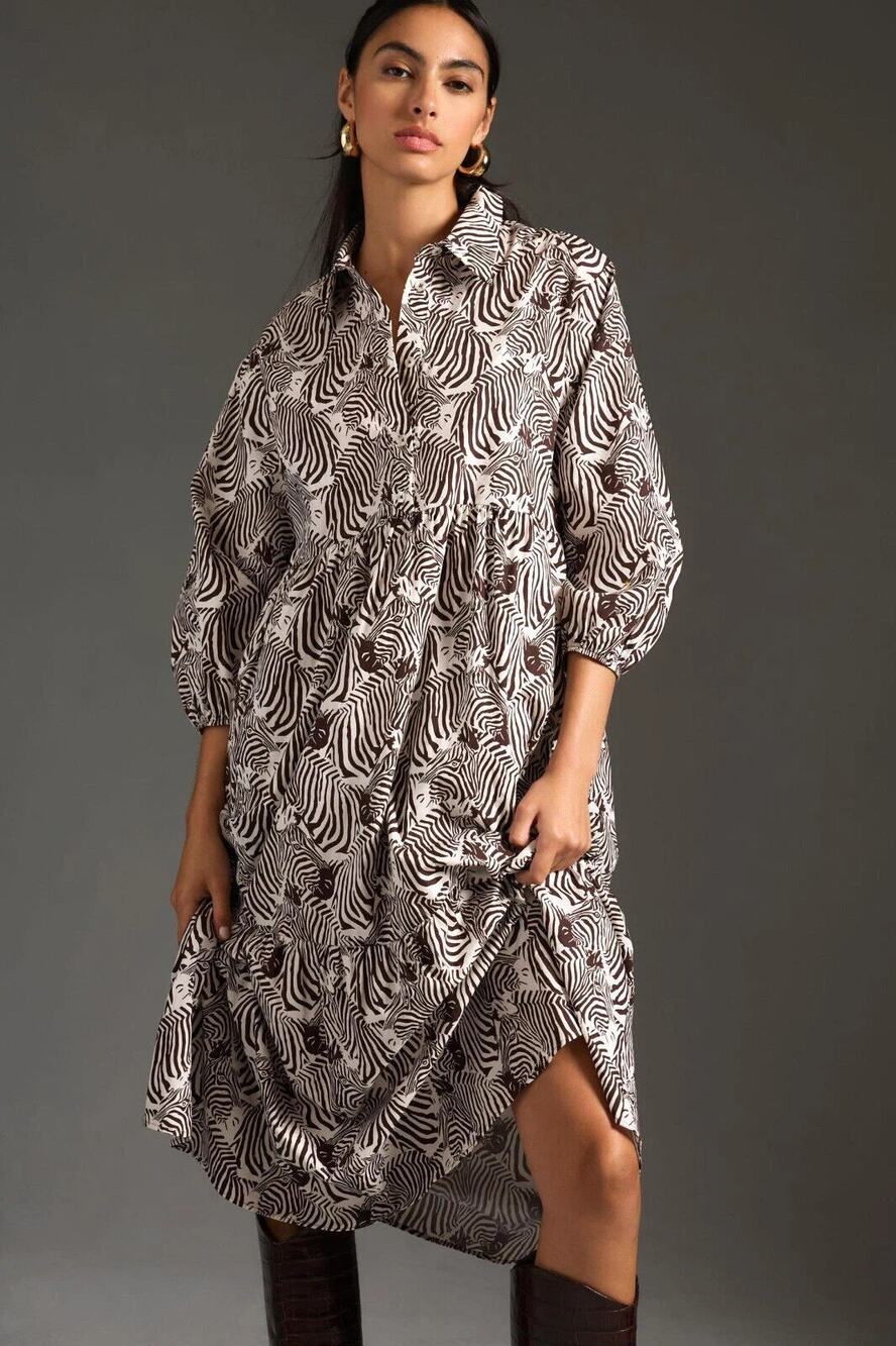 Anthropologie Maeve The Bettina Tiered Shirt Dress Brown Ivory Small Petite
